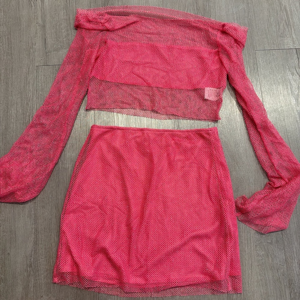 Women’s Pink Mesh Mini Skirt and Top